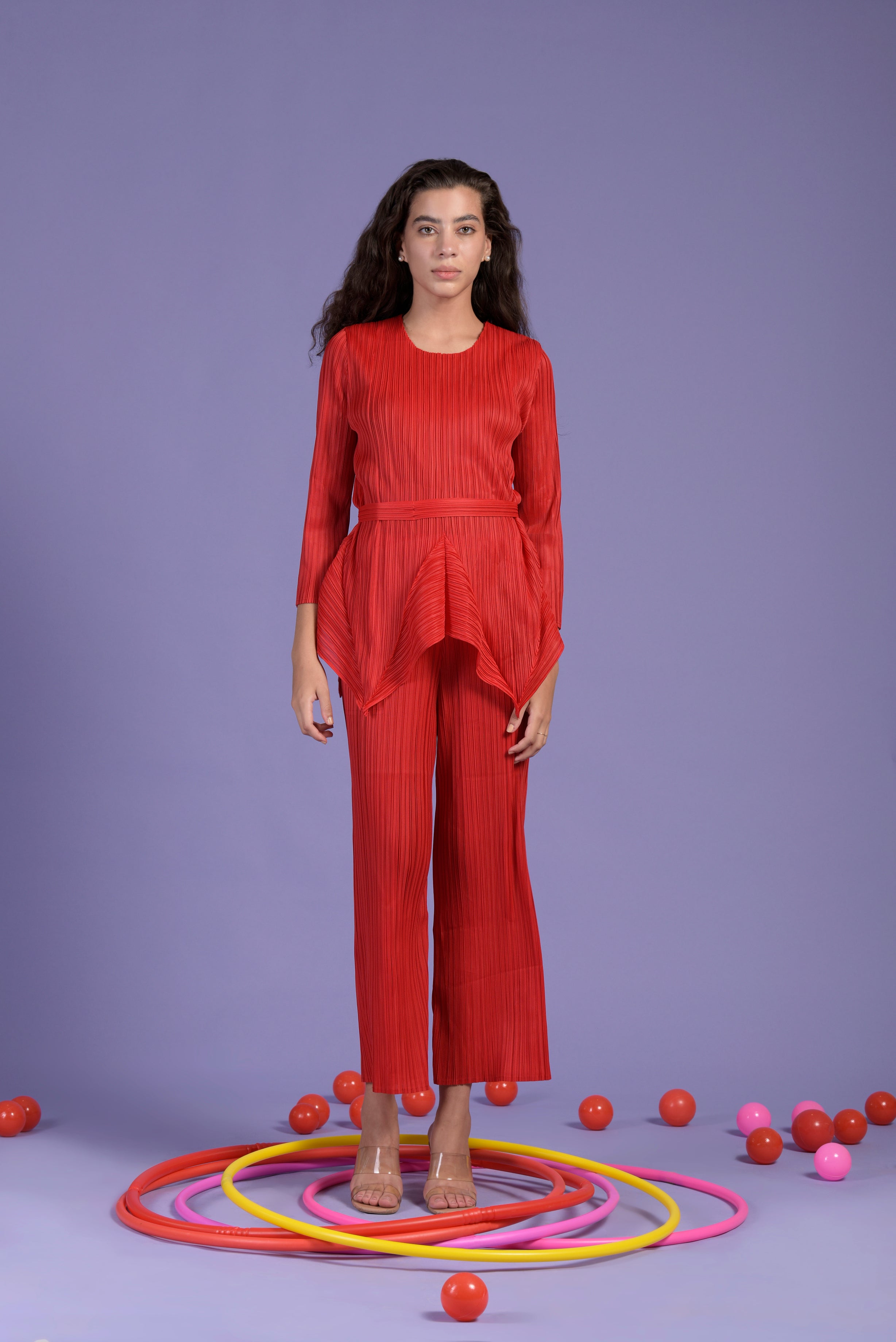 Paisley Peplum Top With Coordinated Straight pant - Red