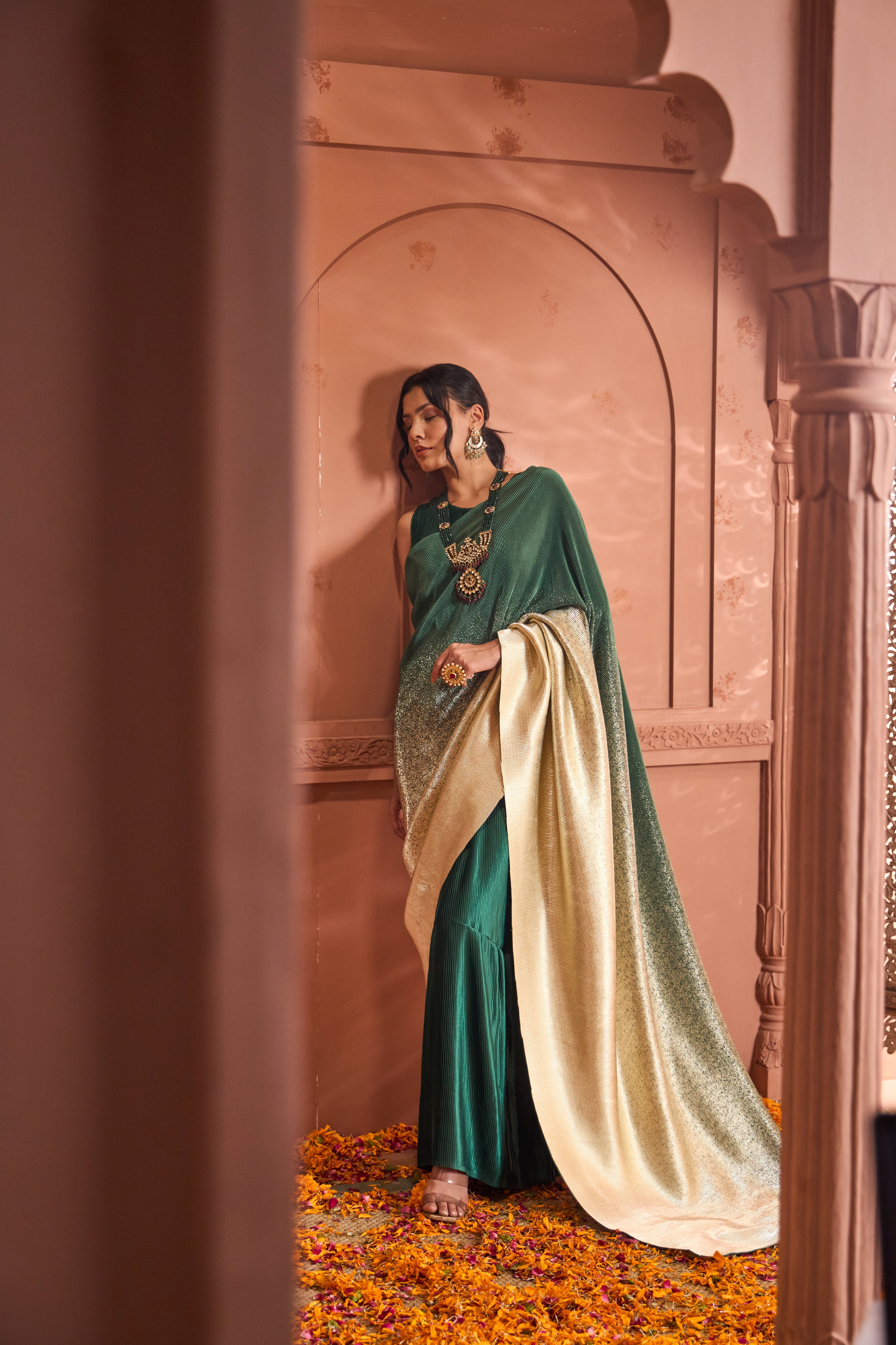 Idylic Adorned Gown Saree With Umbrous Palla - Green