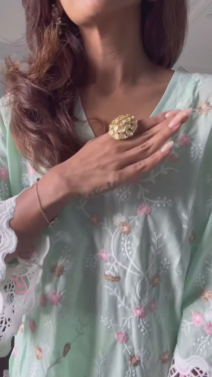 Balsamic Finger in Myra Mesh Floral Pastel Kurta with Pleated Pants - Pastel Green