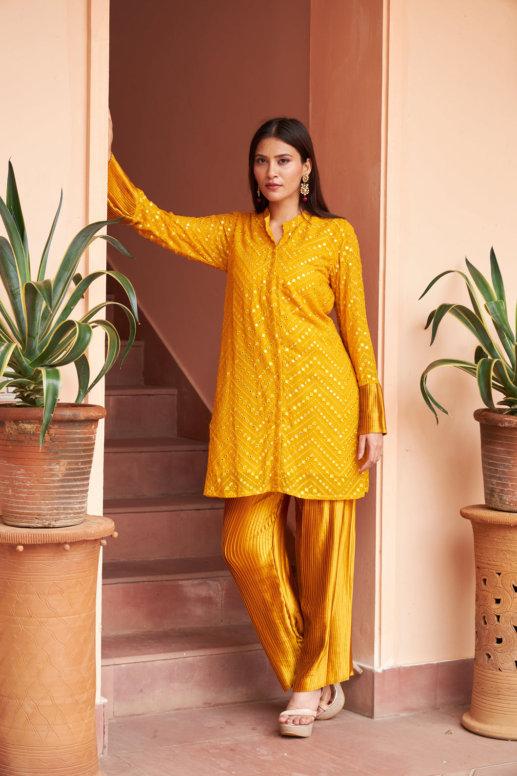 Myra Mirror Work Fragrant Tunic Set - Citrine