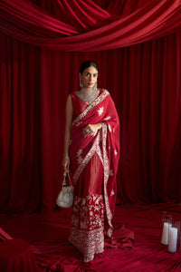Reyna Glazed Classy Pleated Gown Saree with Gara Palla and Belt - Red