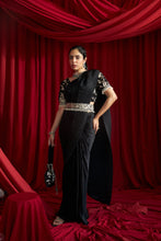 Load image into Gallery viewer, Reyna Glazed Pleated Skirt Saree with Gara Puff Sleeve Blouse and Belt - Black