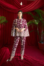 Load image into Gallery viewer, Reyna Gara Glazed Cape Jacket With Coordinated Pants- Wine
