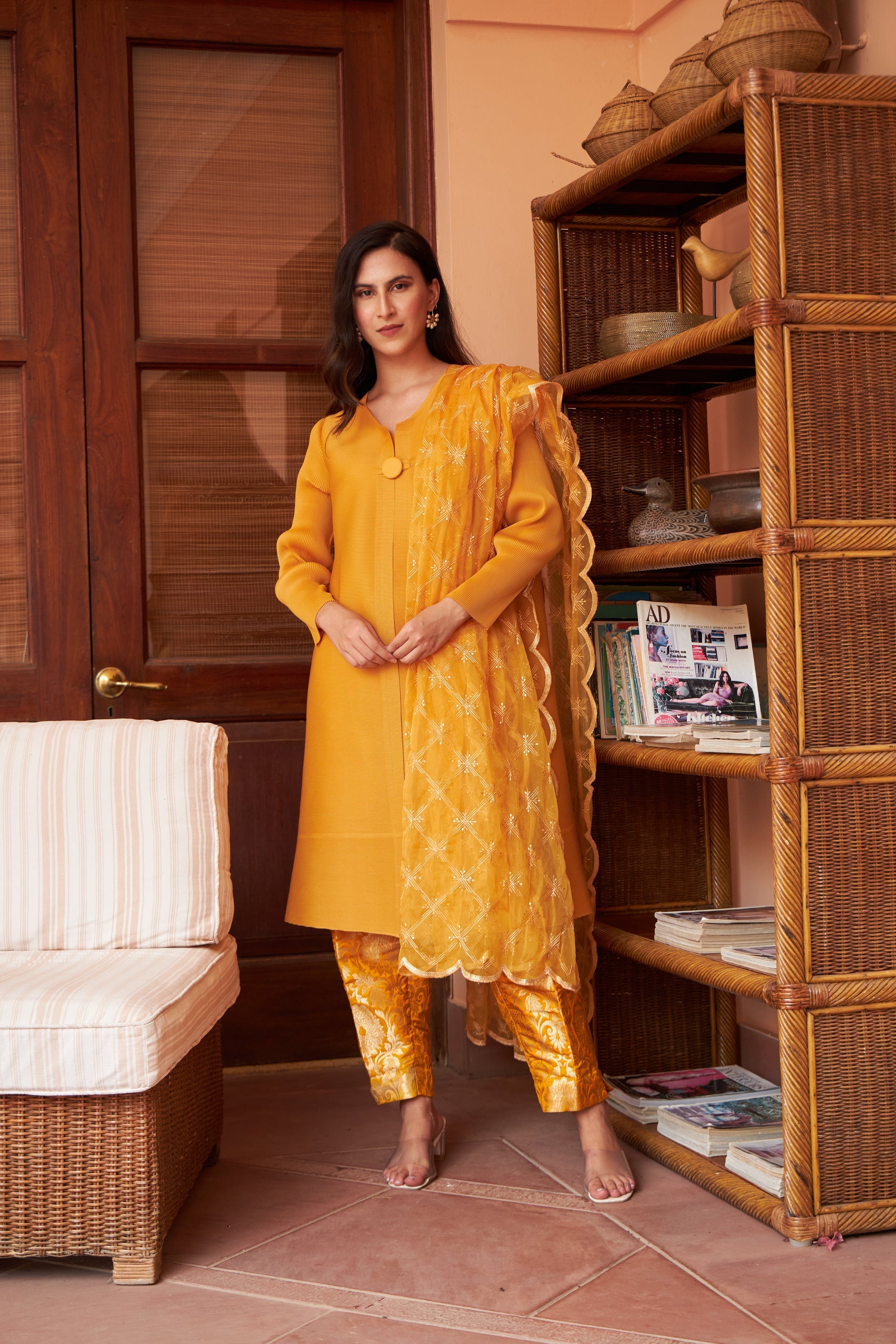 Elegant Pleated &amp; Brocade Tunic Set with Dupatta and Potli- Yellow