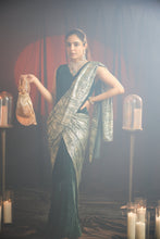 Load image into Gallery viewer, Magnificent Metallic Velvet Gown Saree with Belt - Green