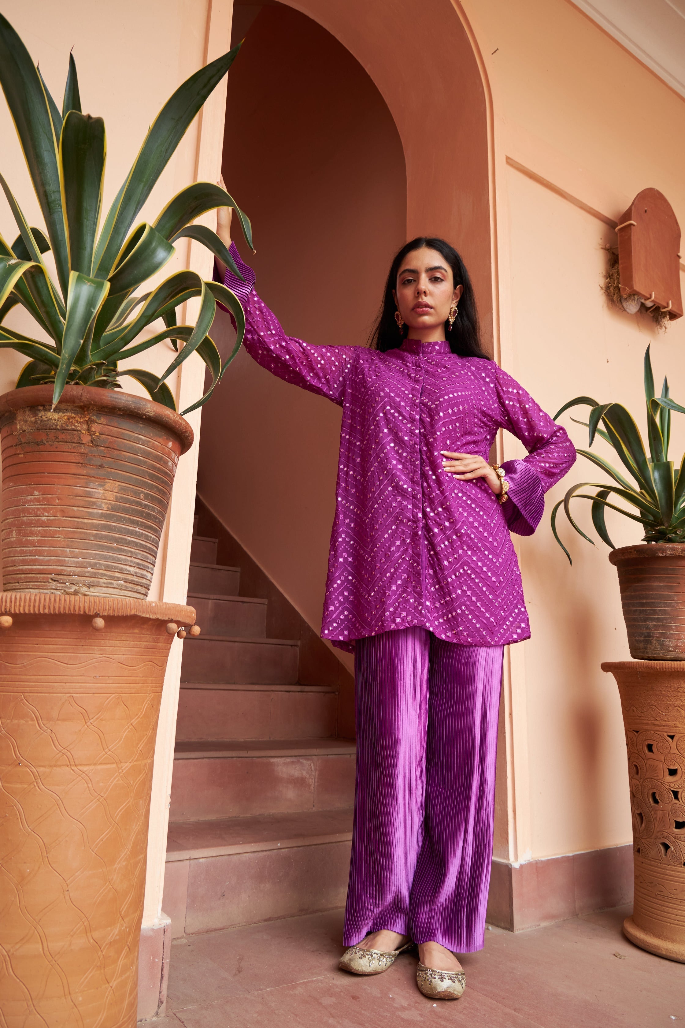 Myra Mirror Work Fragrant Tunic Set - Hibiscus