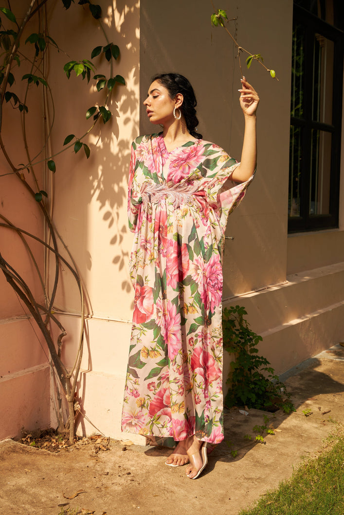 Floral Fantasy Cinched-in Kaftan Dress - Pink Magic