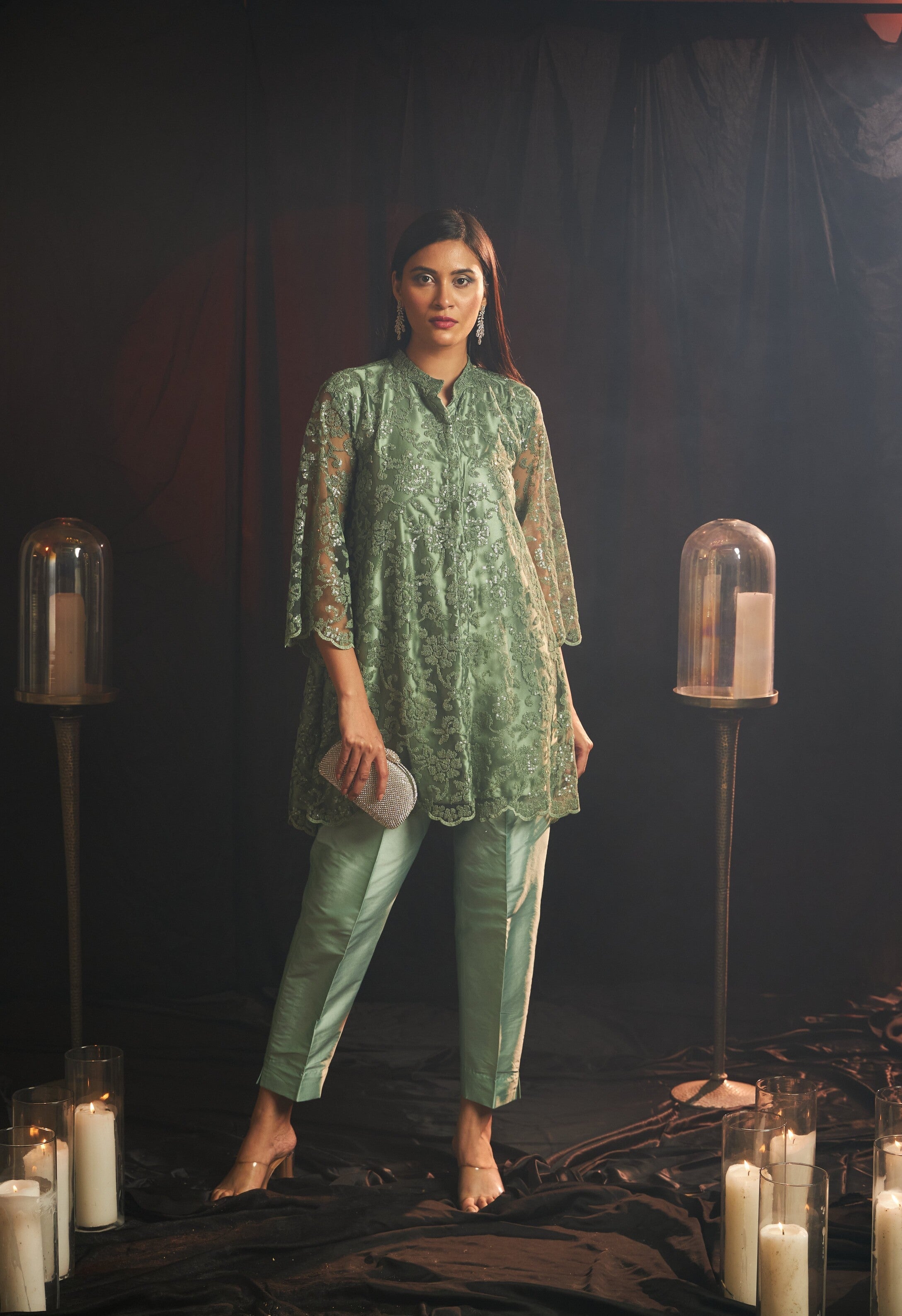 Seraphic Sequins Floral Fragrant Tunic Set - Pistachio