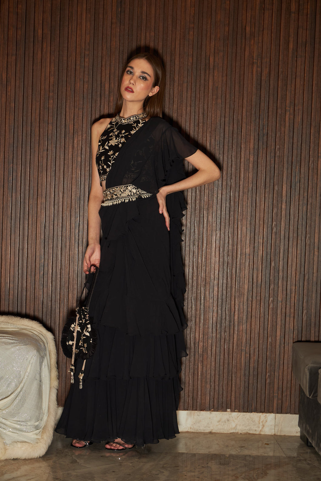 Reyna Glazed Classy Ruffle Saree with Gara Blouse and Belt - Black