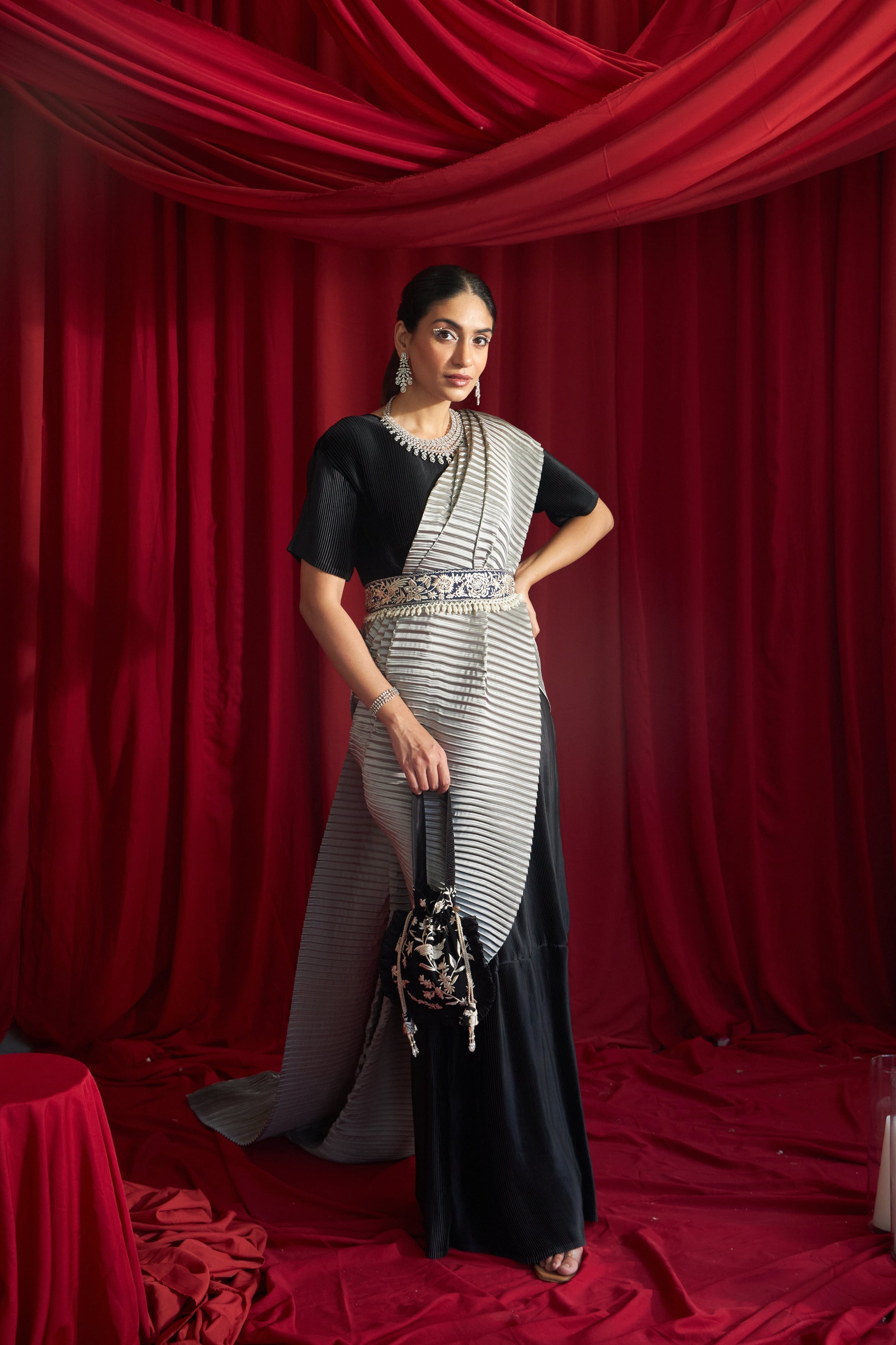 Reyna Glazed Classy Pleated Color Block Gown Saree with Gara Belt - Black &amp; Grey