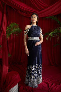 Reyna Gara Glazed Classy Pleated Gown Saree with Belt - Navy Blue