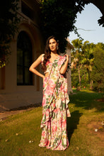 Load image into Gallery viewer, Floral Fantasy Tiered Ruffled Skirt Saree with Plunge Top - Pink Magic