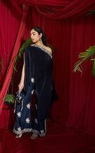 Load image into Gallery viewer, Reyna Gara Glazed Embroidered Pleated Cape Coordinated with Slit Pants - Navy Blue