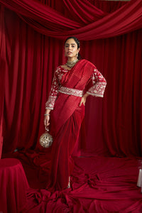 Reyna Glazed Pleated Skirt Saree with Gara Bell Sleeve Blouse and Belt - Red