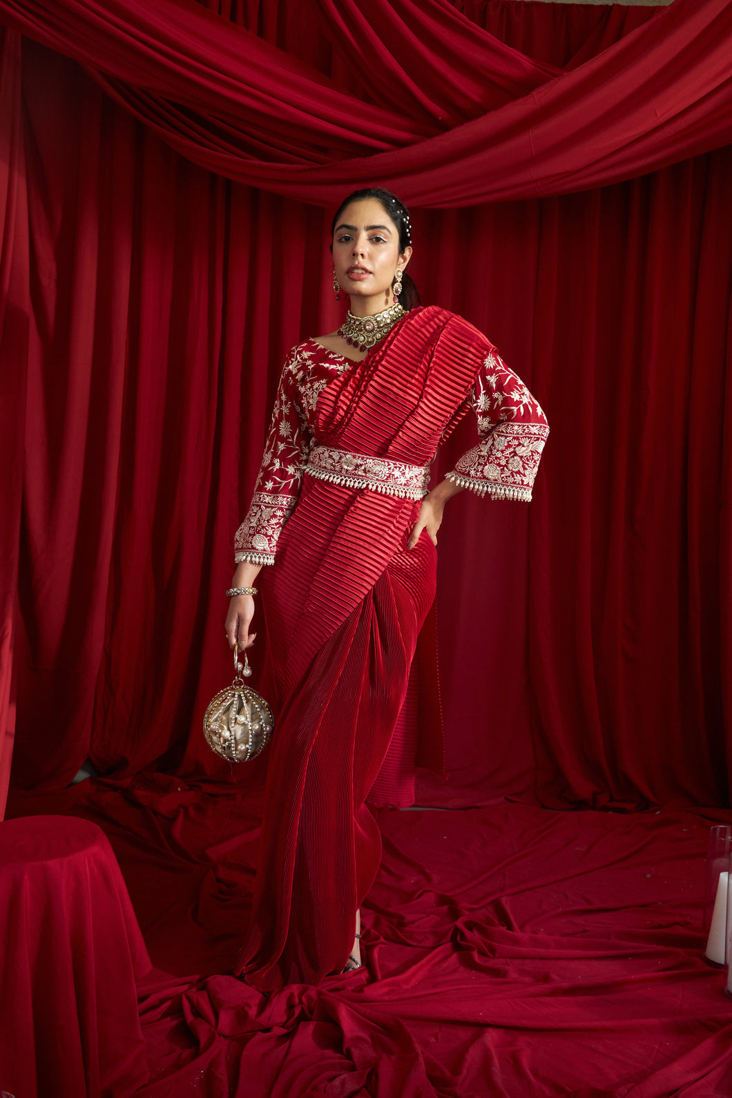 Reyna Glazed Pleated Skirt Saree with Gara Bell Sleeve Blouse and Belt - Red