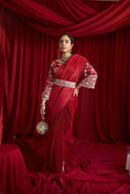 Load image into Gallery viewer, Reyna Glazed Pleated Skirt Saree with Gara Bell Sleeve Blouse and Belt - Red