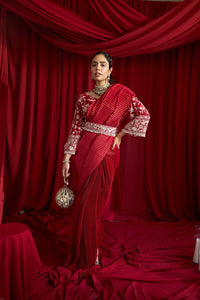 Reyna Glazed Pleated Skirt Saree with Gara Bell Sleeve Blouse and Belt - Red