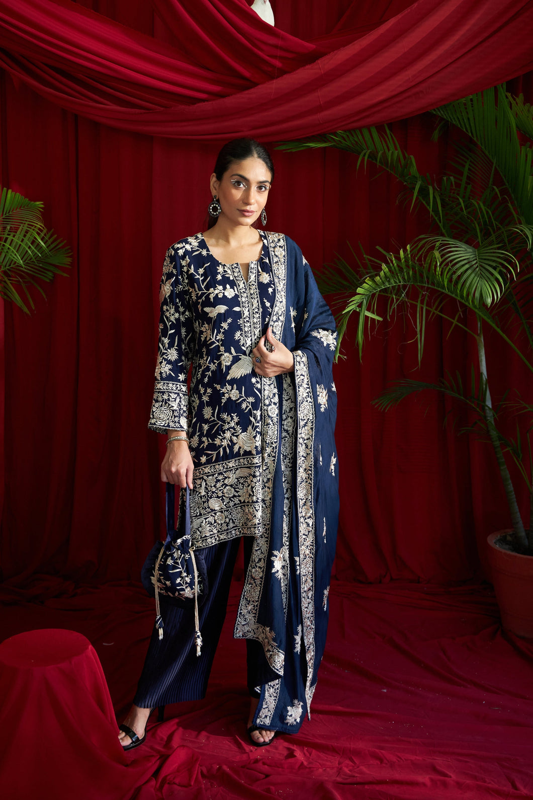 Reyna Gara Glazed Kurta With Pleated Pants and Dupatta- Blue