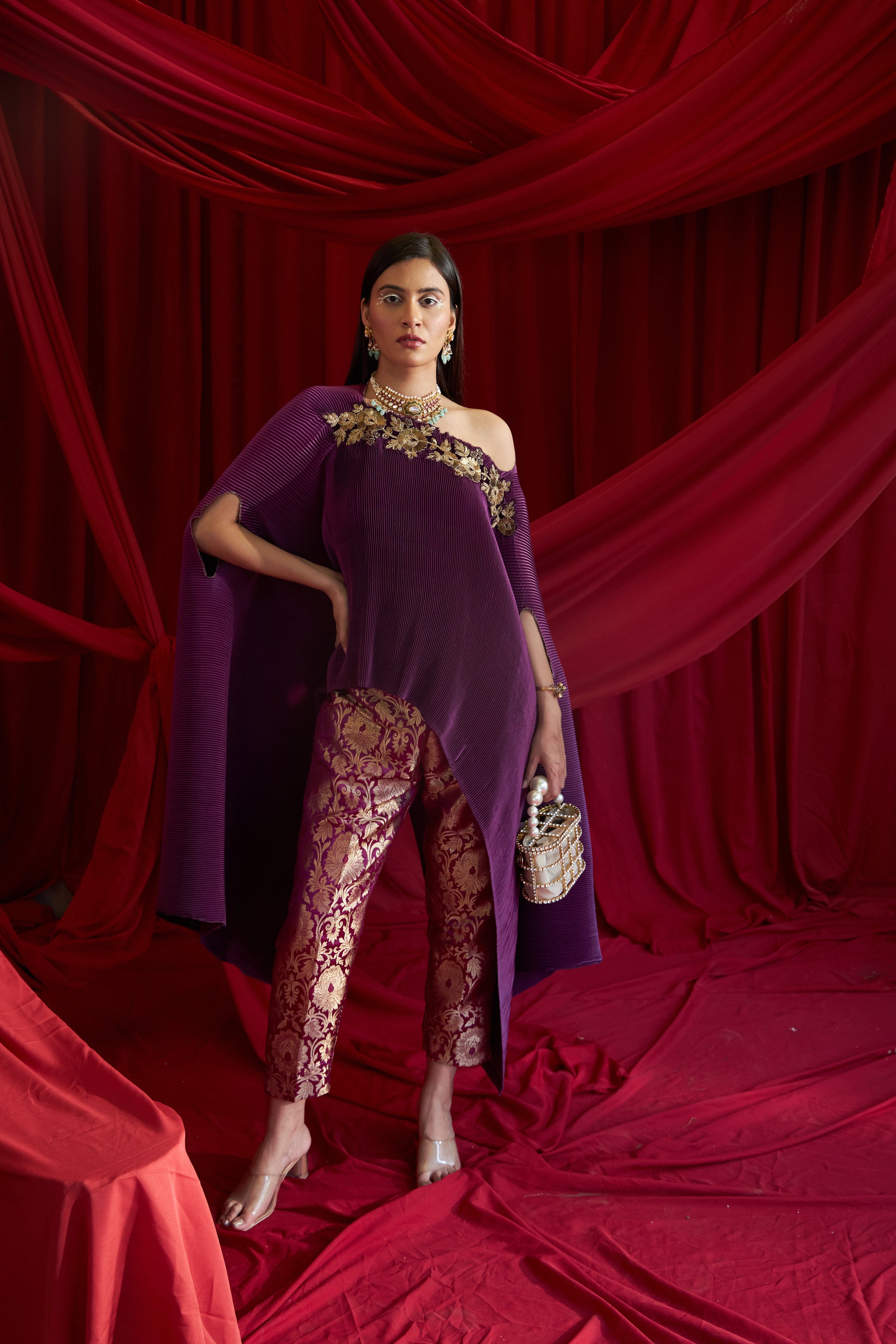 Divine Embroidered Cape with Brocade Pants - Hibiscus