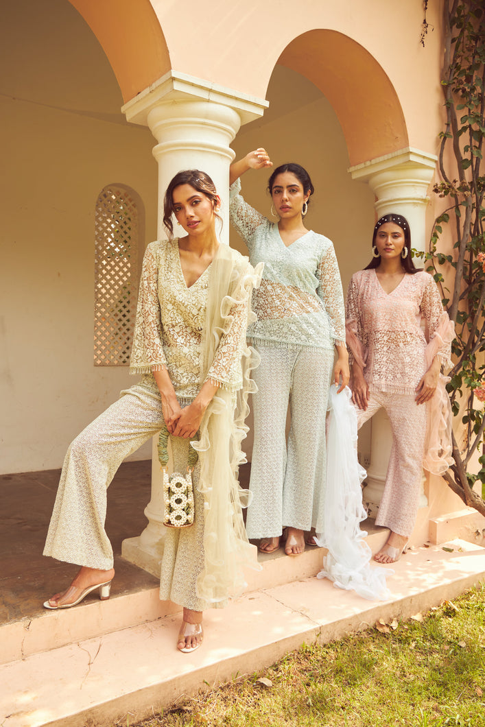 Exquisite Embroidered Lace Kurta With Sharara Pants - Frost Blue