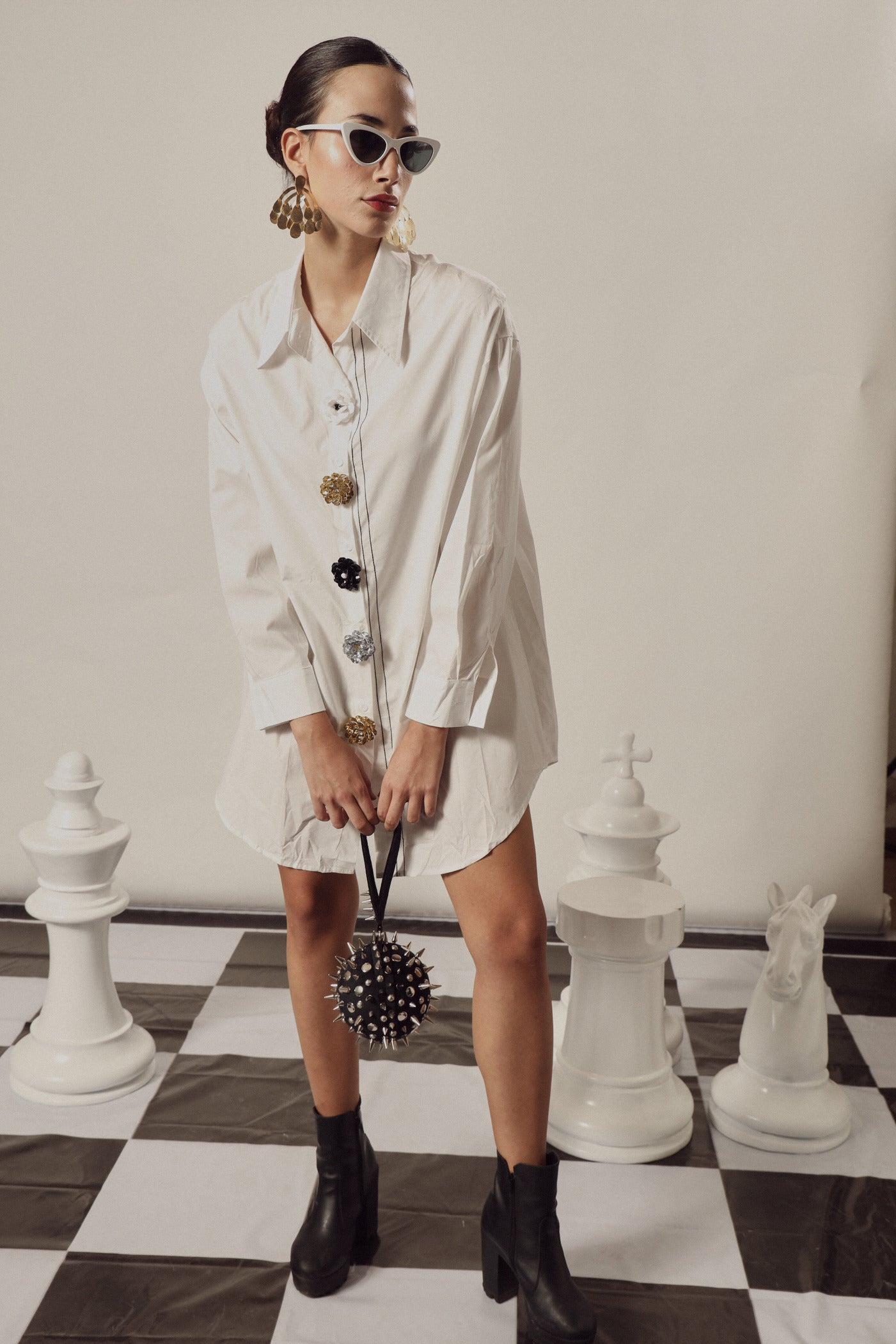 Beatrix Bejeweled Button Me Up Shirt Dress - White