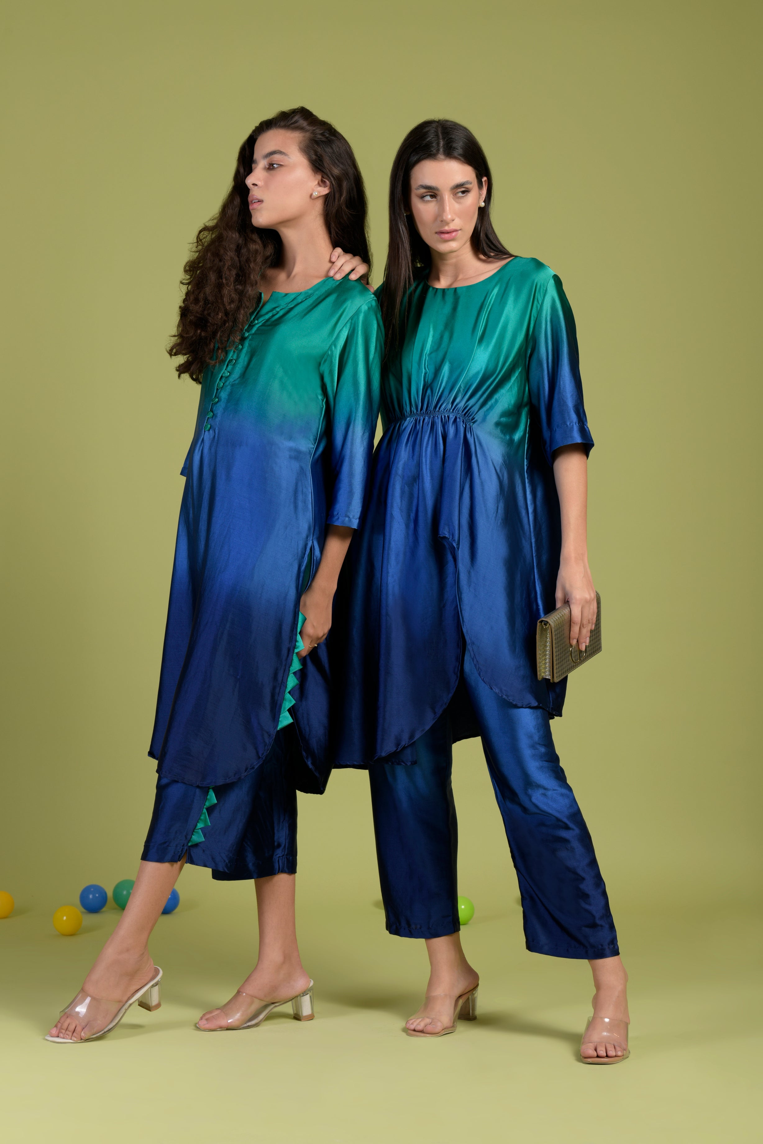 Siciley Satin Silk Cinched In Dress with Ombré Pleated Pants- Peacock