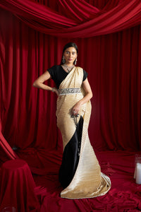 Reyna Glazed Classy Pleated Color Block Gown Saree with Gara Belt - Black & Nude