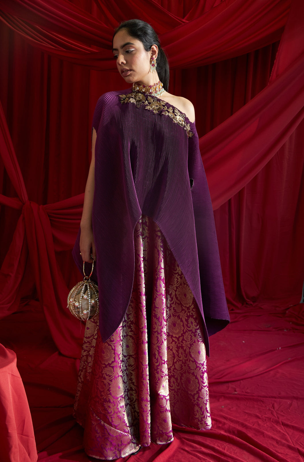 Divine Embroidered Cape with Brocade Ghagra - Hibiscus