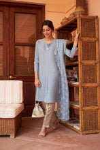 Load image into Gallery viewer, Elegant Pleated &amp; Brocade Tunic Set with Dupatta and Potli- Pastel Blue