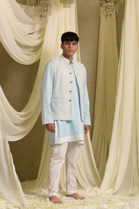 PLEATED STRIPE KURTA SET WITH CHIKANKARI EMBROIDERED JACKET - BLUE