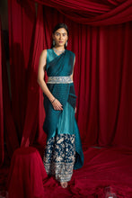 Load image into Gallery viewer, Reyna Gara Glazed Classy Pleated Gown Saree with Belt - Shades of Teal