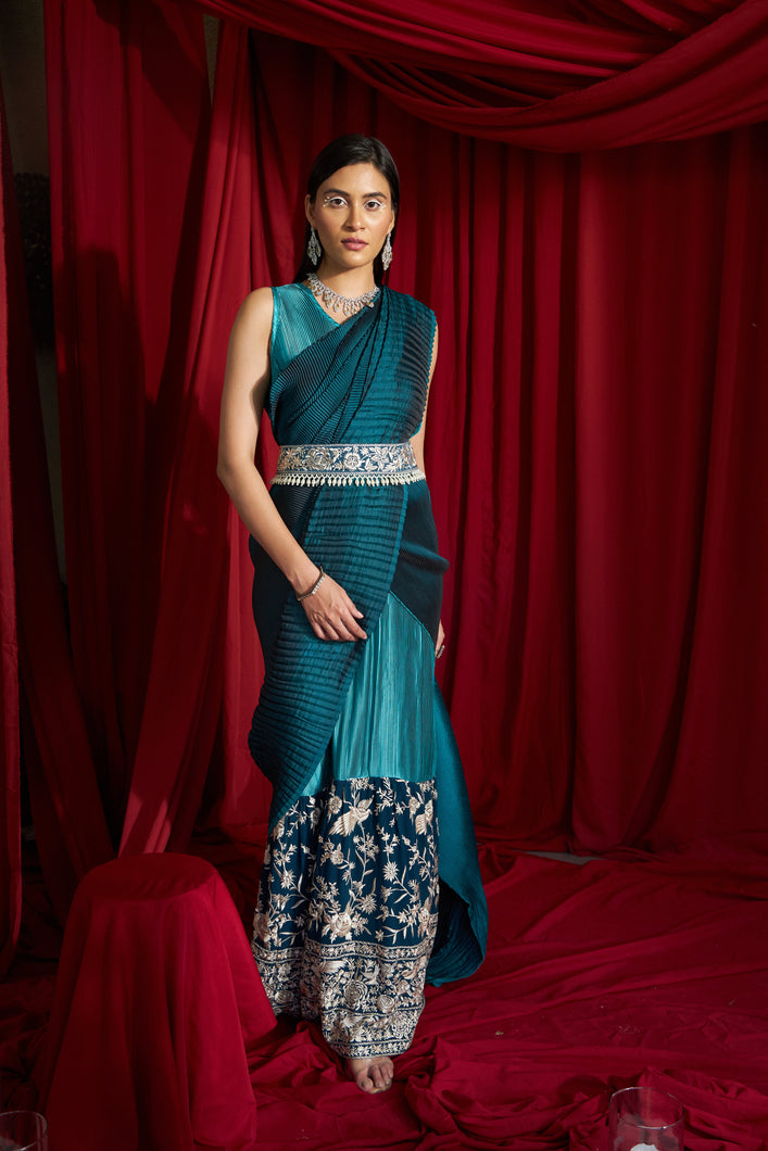 Reyna Gara Glazed Classy Pleated Gown Saree with Belt - Shades of Teal