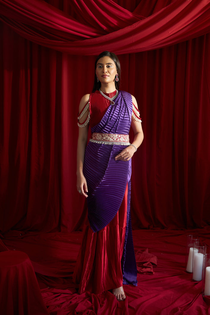 Reyna Glazed Classy Pleated Color Block Gown Saree with Gara Belt - Red and Purple