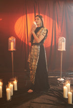 Load image into Gallery viewer, Magnificent Metallic Velvet Gown Saree with Belt - Gun Metal Black