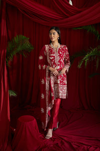 Reyna Gara Glazed Kurta With Pleated Pants and Dupatta- Red