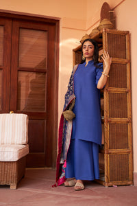 Myra Mandarin Kurta with Culotte Pants and Bandhani Chunni - Cobalt Blue