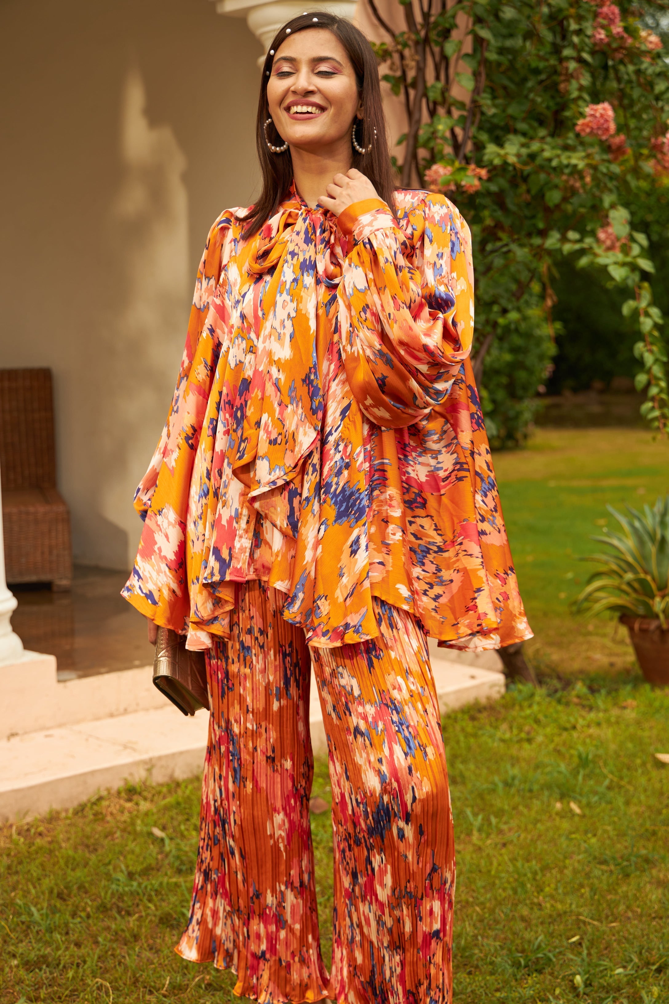Siciley Satin Abstract Tie - Neck Co-Ord Sets - Orangeade