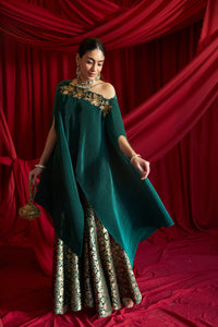 Divine Embroidered Cape with Brocade Sharara Pants - Emerald Green