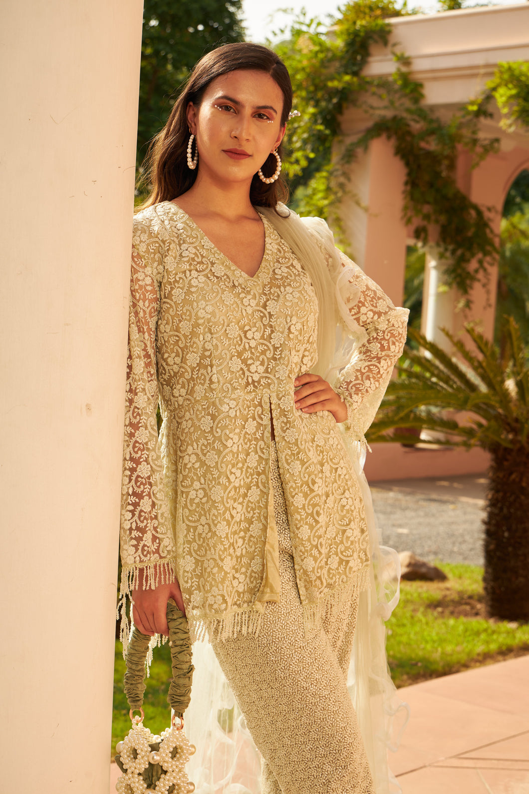 Exquisite Embroidered Slit Peplum Kurta With Straight Pants - Pistachio