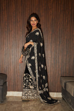 Load image into Gallery viewer, Reyna Glazed Classy Pleated Gown Saree with Gara Pallah and Belt - Black