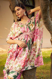 Floral Fantasy Cinched-in Kaftan Top with Straight Pants - Pink Magic