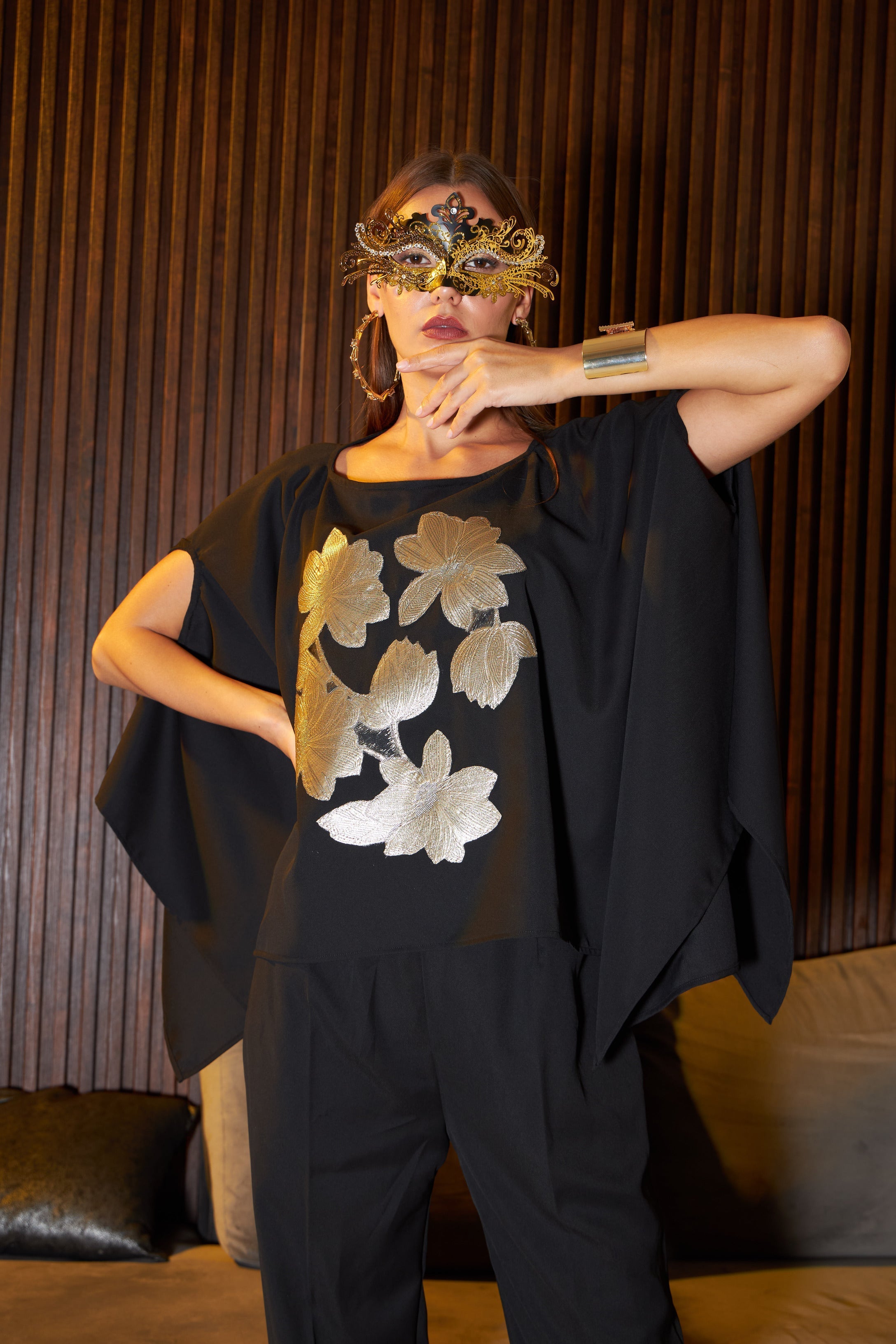 Aria Gold Floral Applique Cape Set- Black