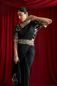 Reyna Glazed Pleated Skirt Saree with Gara Puff Sleeve Blouse and Belt - Black