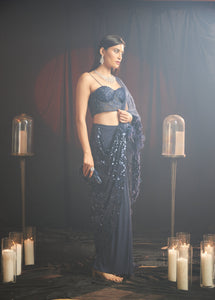 Charmaine Sequins Drape Saree with Corset Blouse - Midnight Blue