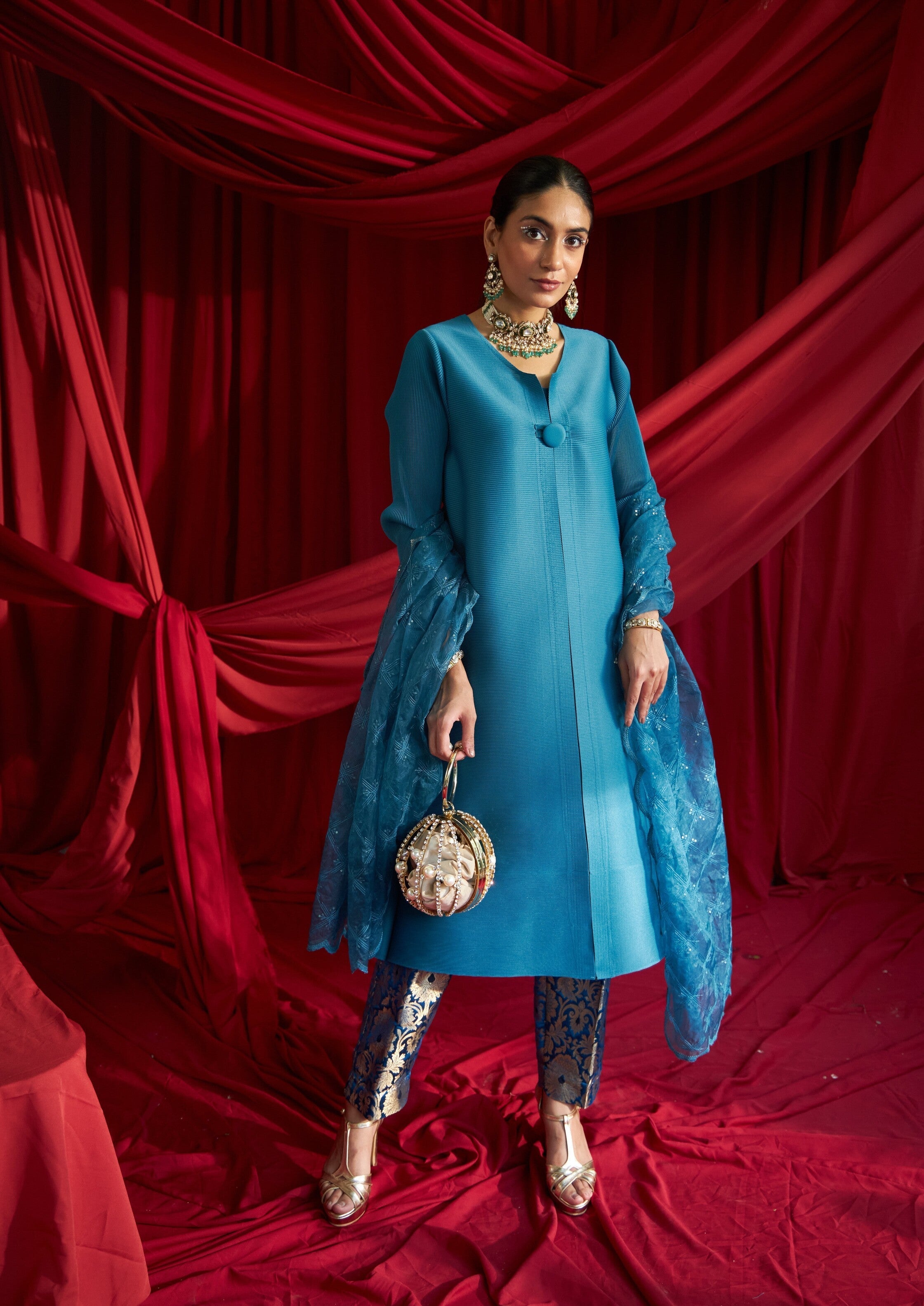 Elegant Pleated &amp; Brocade Tunic Set with Dupatta - Teal