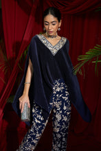 Load image into Gallery viewer, Reyna Gara Glazed Embroidered Pleated V- Neck Cape Coordinated with Straight Pants - Navy Blue