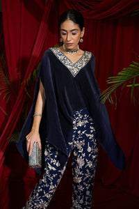 Reyna Gara Glazed Embroidered Pleated V- Neck Cape Coordinated with Straight Pants - Navy Blue