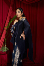 Load image into Gallery viewer, Reyna Gara Glazed Embroidered Pleated Cape Coordinated with Slit Pants - Navy Blue