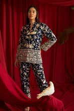 Load image into Gallery viewer, Reyna Gara Glazed Potli Button Jacket With Coordinated Pants- Navy Blue