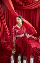 Load image into Gallery viewer, Reyna Glazed Pleated Skirt Saree with Gara Bell Sleeve Blouse and Belt - Red